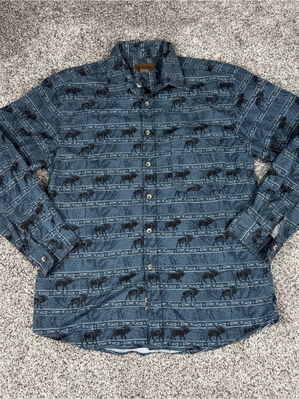 Sz Medium Men's Marino Bay Blue Printed Long-Sleeve Button-Down Shirt Moose AOP
